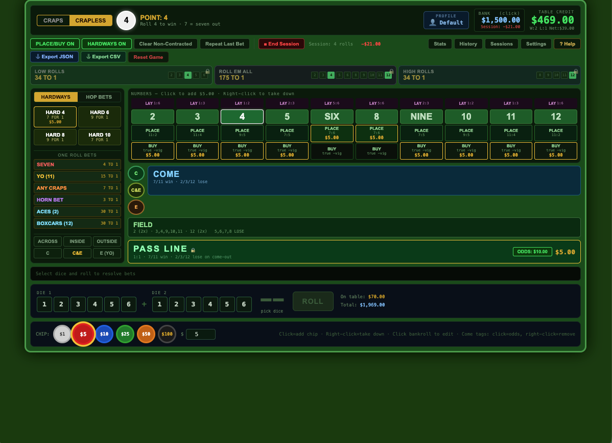 KnowYourCraps simulator — manual roll tracker with all bet types